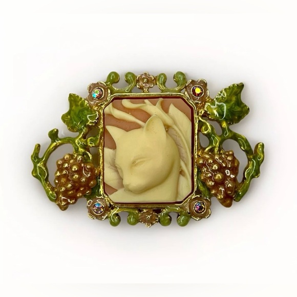 Vintage Whimsical Cat Cameo Enamel Rhinestone Brooch By Kirks Folly - Picture 7 of 8